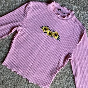 SHEIN Embroidered Sunflower Lettuce Edge Tee